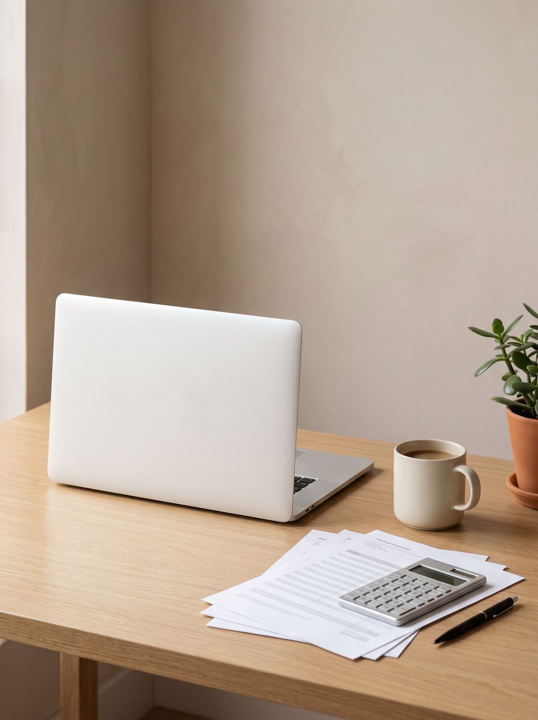 A modern desk with a laptop, printed financial statements, a calculator and a mug of coffee in warm daylight.