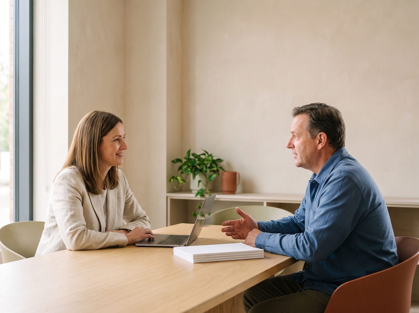 A bookkeeper and a small business owner talking across a table in a bright modern office.