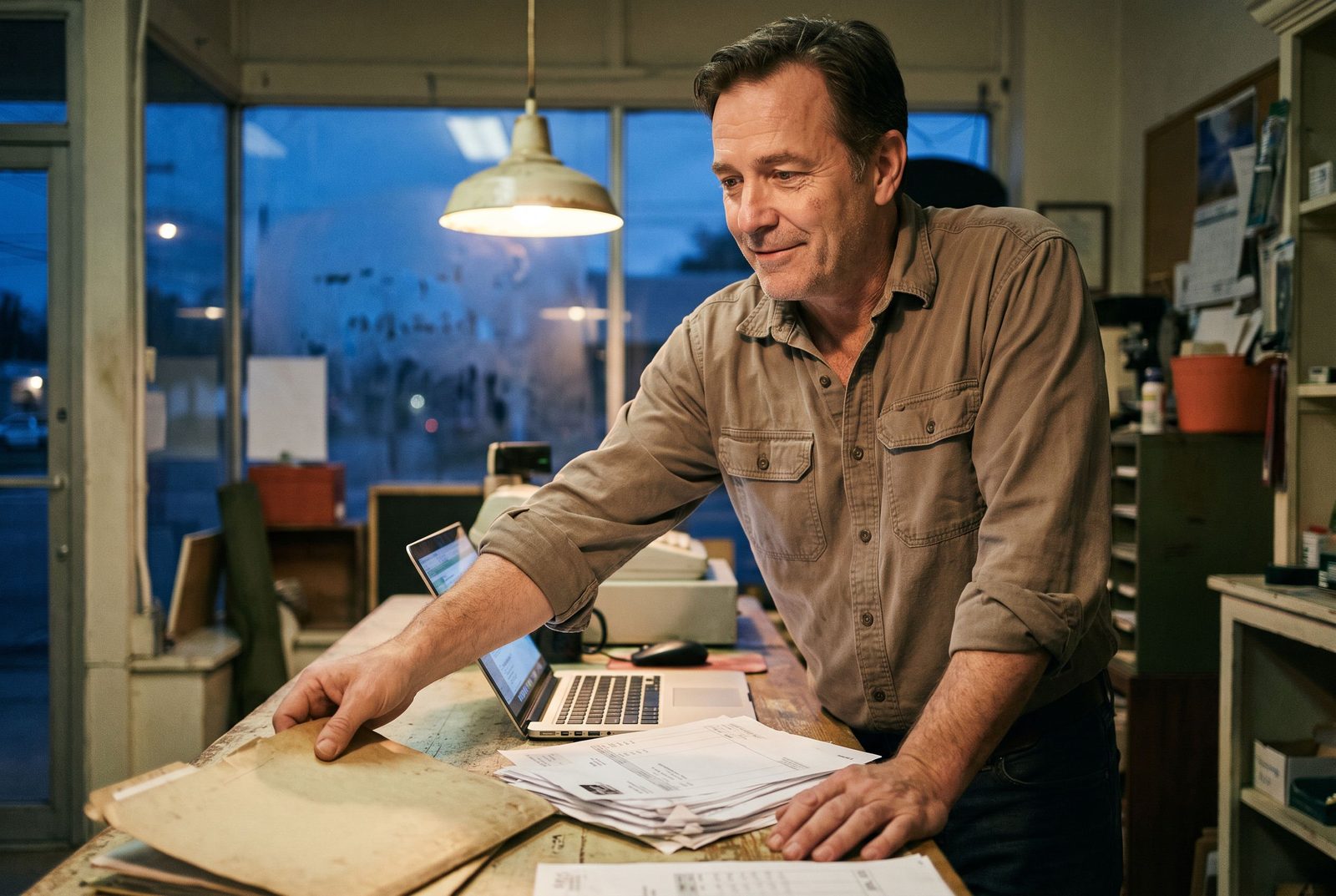 A small business owner reviewing invoices on a laptop in his shop after hours.
