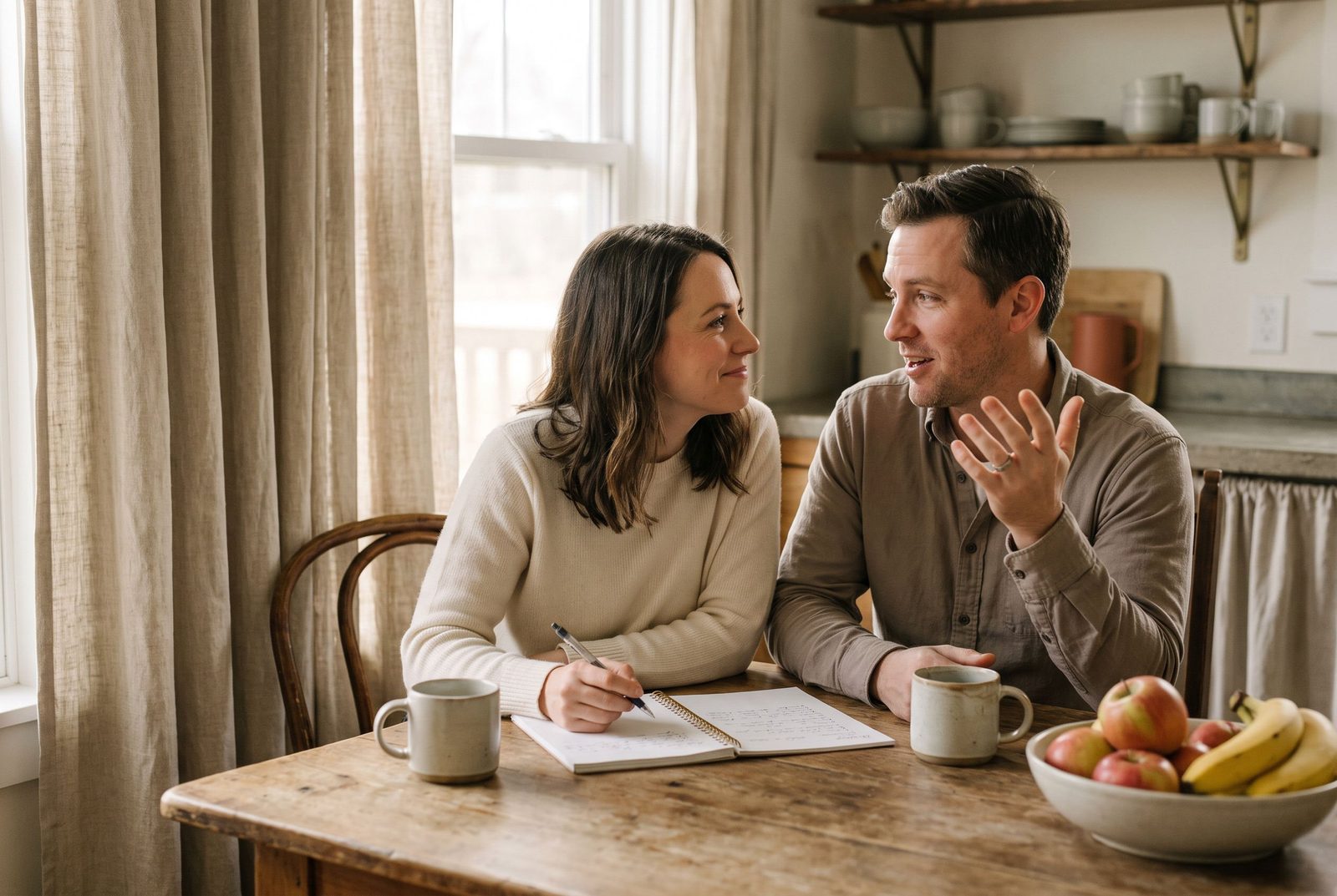 A couple at a kitchen table writing in a notebook together on a Saturday morning.