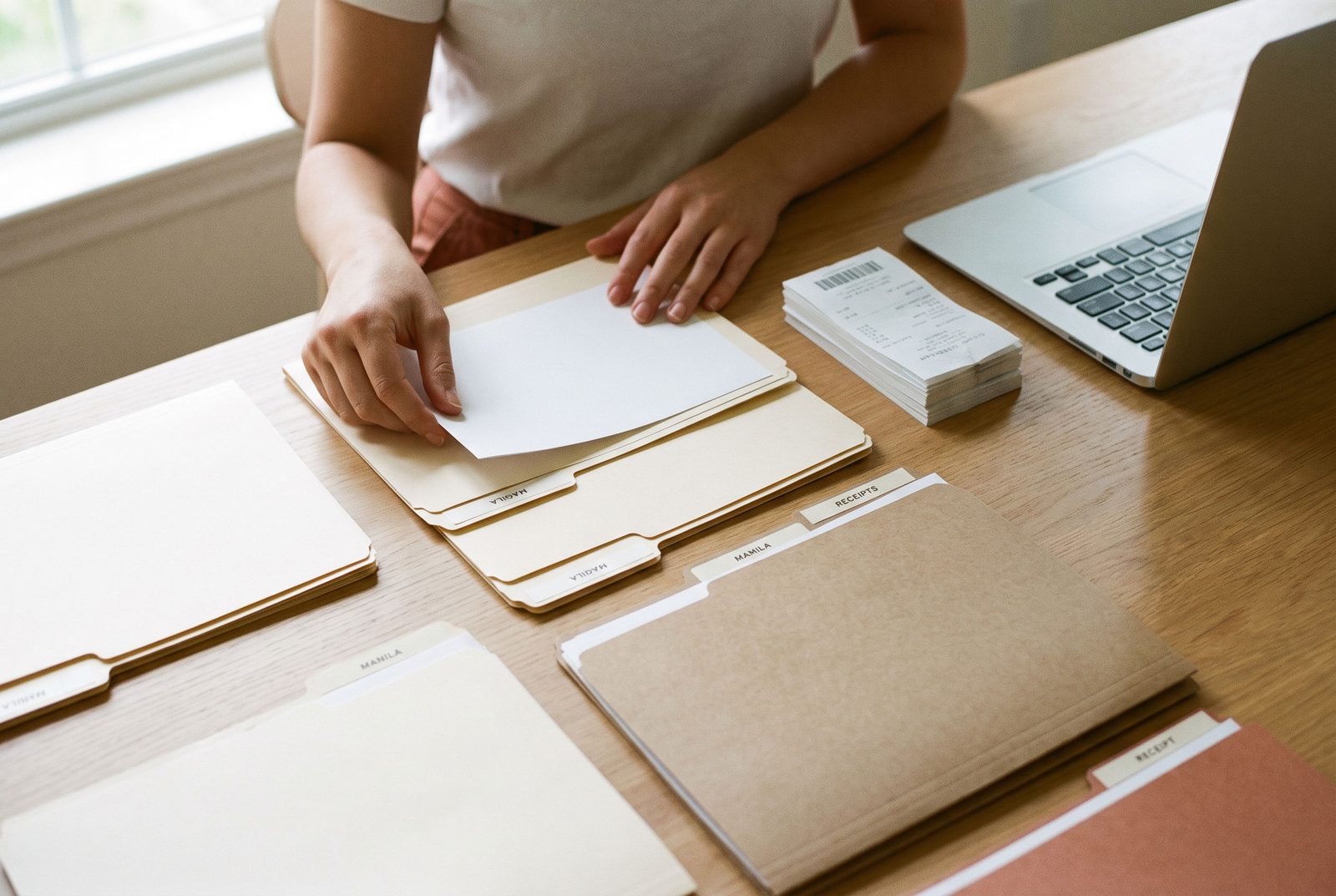 Documents being filed into neat labelled folders on a light oak table.
