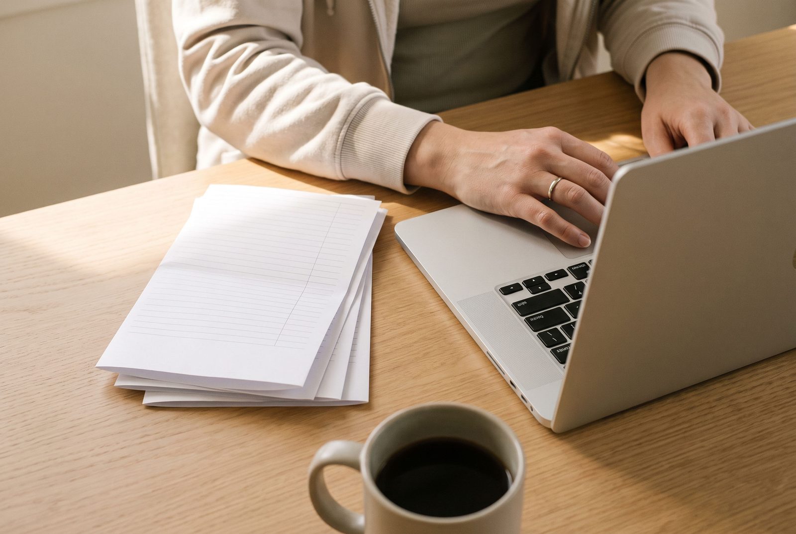 Hands at a laptop beside a stack of crisp printed financial statements on a light oak desk.